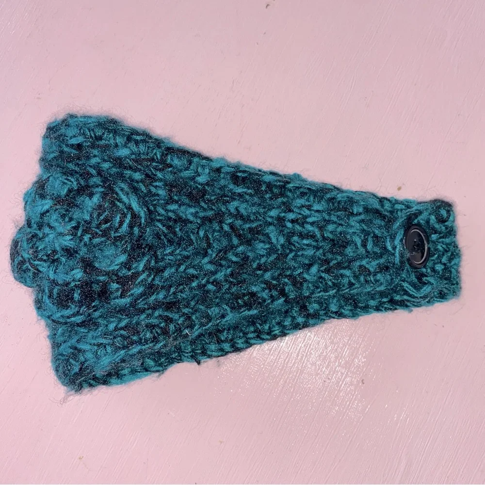 Flower Headband Ear Warmer Hand Knit Button Closure Variegated Yarn Crochet